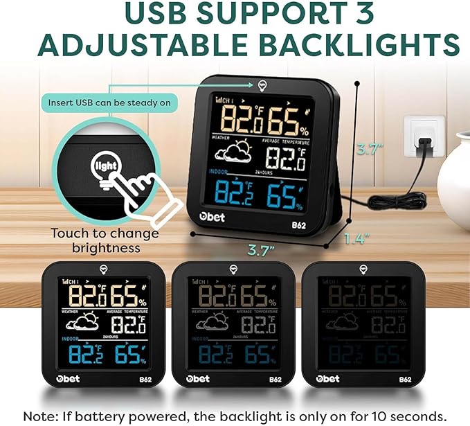 OBET Indoor Outdoor Thermometer Wireless Weather Station with 500FT Range Sensor and Adjustable Backlight Color Display Digital Temperature Humidity Monitor for House Patio