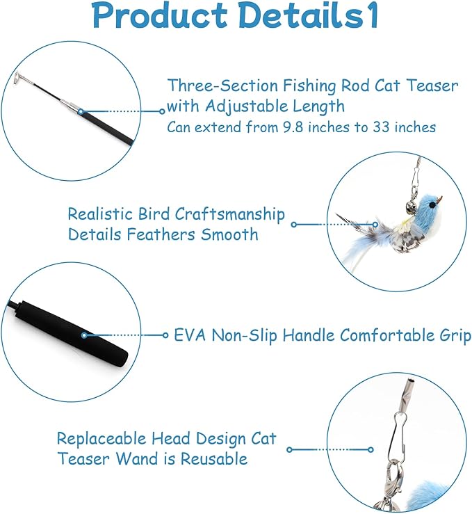 8 Pack Cat Wand Toy Cats Toy (2 Solid Wood Teases+1 Extendable Teaser Wand with 5 Replacement Heads
