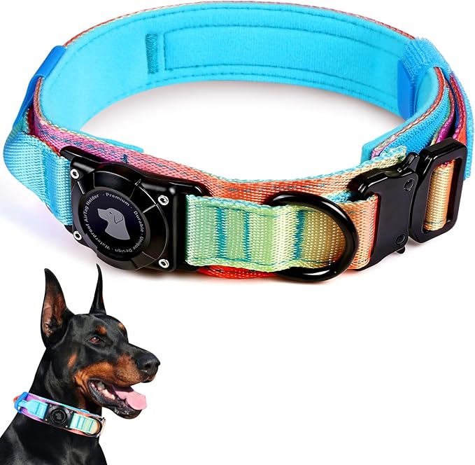 2026 Upgrade Waterproof AirTag Dog Collar, Military Tactical Dog Collar with AirTag Holder, Comfortable Control Handle and Metal Buckle, GPS Dog Collar Holder for Medium to Large Dogs (Pastel lcing,L)
