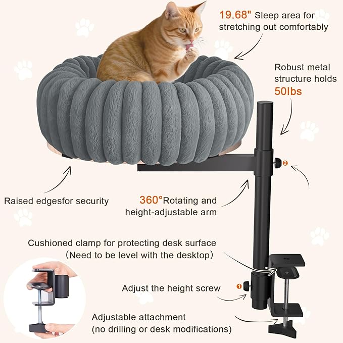 360° Rotating Cat Bed for Desk, 19.68'' Cat Hammock for Table, Up/Down Mount Perch (10'' Height Range) Washable Plush Pad, Sturdy 50lbs Metal Frame, Home Office Mount Cats Nest