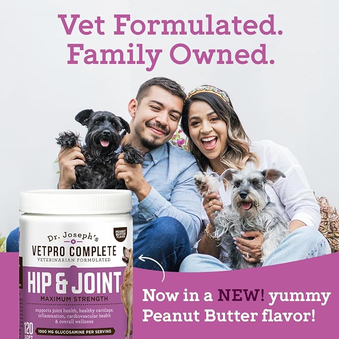 Dr. Joseph's VetPro Complete Peanut Butter Hip and Joint Dog Chews, 120 Count, Pain and Inflammation Relief with Glucosamine, Chondroitin, MSM, Turmeric, Vitamin C, Omega 3, Treats Hip Dysplasia