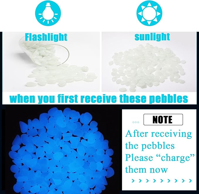 Oubest Glow in The Dark Pebbles/Glow Stones/Glowing Rocks Blue Decor for Garden/Fish Tank/Aquarium/Walkway/Driveway/Plant Pots/Bonsai (200, White)