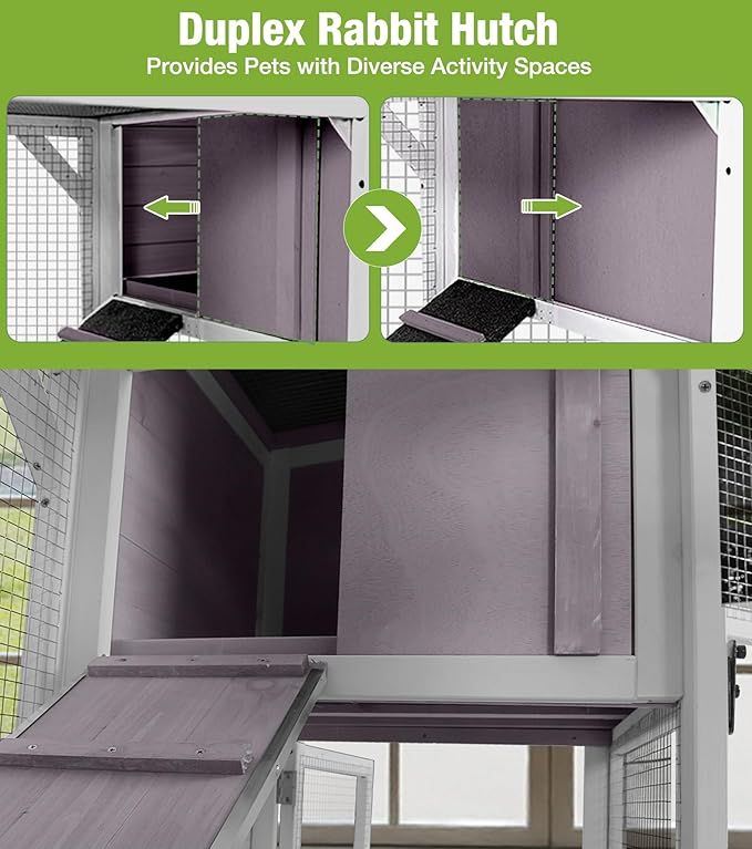 GUTINNEEN Duplex Rabbit Hutch Indoor with Chew-Proof Frame & 2 Leak-Proof Sliding Trays, Rain Cover, Wooden Guinea Pig Cages with Wheels - Grey