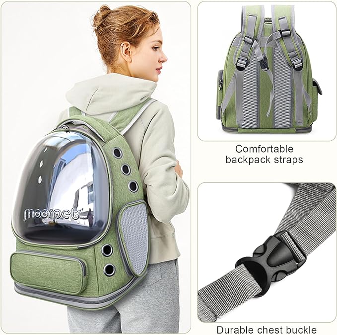 Cat Backpack Carrier, Breathable Cat Bubble Backpack Large Space Cat Carrier Backpack for Kitty Small Dog, Foldable Airline Approved Cat Backpack, Transparent Pet Travel Backpack Up to 20 lbs (Green)