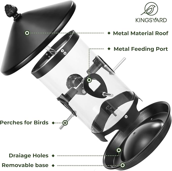 Kingsyard 4.5 lbs Large Metal Bird Feeders for Outdoors Hanging with 8 Ports, Tube Bird Feeder with Seed Tray, Weatherproof Squirrel Proof Roof for Cardinal Finch, Black