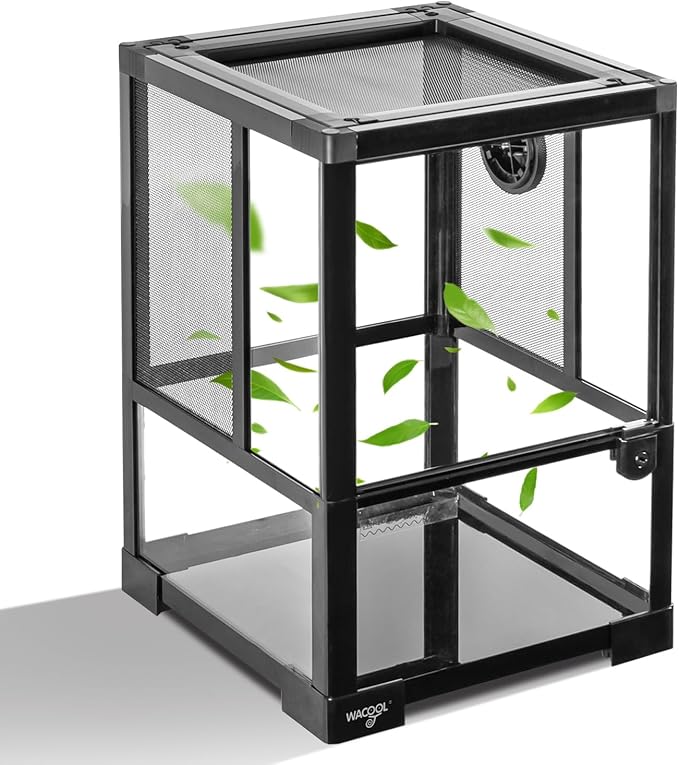 Vertical Habitat Tank 10 Gallon for Tree Dwelling Reptiles and Amphibians, 360°Full Vision Glass Reptile Terrarium 12" x 12" x 18" with Double Side Mesh Panels