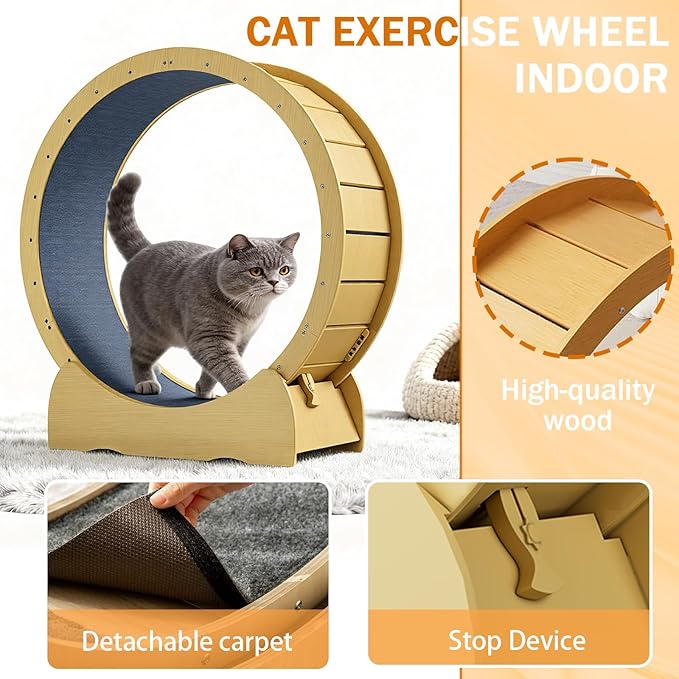 KEIKI 42" Cat Exercise Wheel for Indoor Cats, Large Quiet Treadmill Wheel with Detachable Carpeted Runway, Solid Wood Sturdy Running Wheel for Training & Play, Indoor Cat Wheel, Acacia Wood