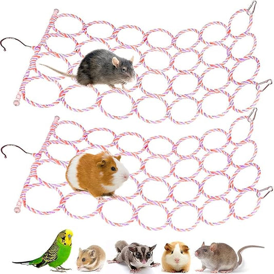 2 Pcs Rat Climbing Net Toy for Cage, Bird Hemp Rope Perch Swing, Ladder Bridge Hanging Hammock, Small Animal Activity Toy for Mouse, Mice, Parrot, Bird (Random Color)
