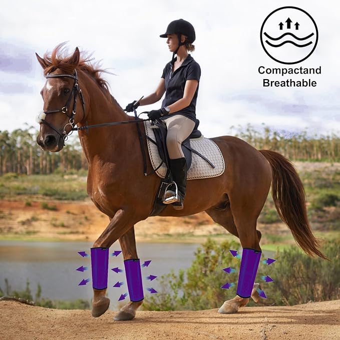 FOXLVDA Horse Fly Boots - Fly Boots for Horses Set of 4, Comfortable Horse Leggings, Mesh Material Design with Metal Support Bars for Reduces Stomping & Leg Fatigue (Purple, Large)