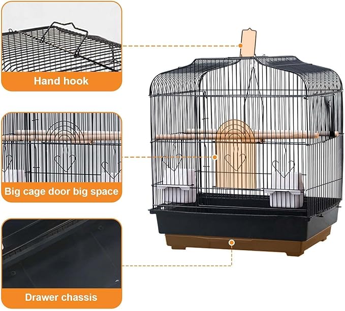 TrailBlaze 20.5Inch Bird Travel Cage with Handle, Metal Bird Carrier with Food Container, Wooden Perch & Pull-Out Tray, Portable Birdcage for Small Parrots Lovebirds Canaries Cockatiels Conures