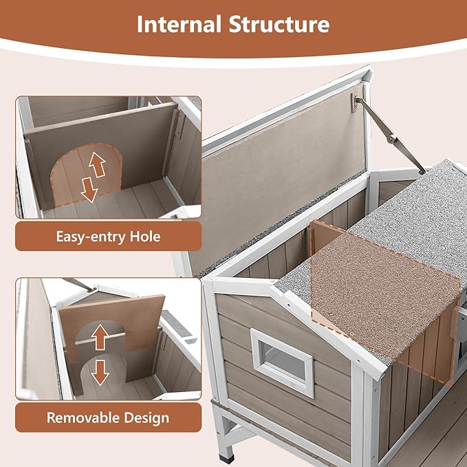 Small Cat House Weatherproof, Wooden Feral Cat House Outdoor with Balcony, Internal Dividers, PVC Curtain Door, Outside Indoor Cats Shelter with Elevated Feet, Openable Roof, Grey