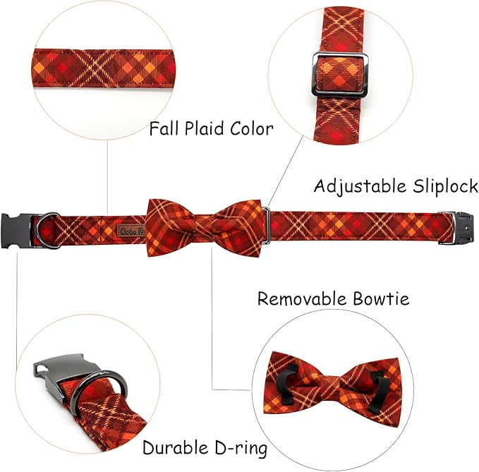 Fall Dog Collar, Pet Collar Bow Plaid Pet Collars Girl Boy Holiday Pet Collars Gift Bow Collars Cute Soft Puppy Collars for X-Large Dogs