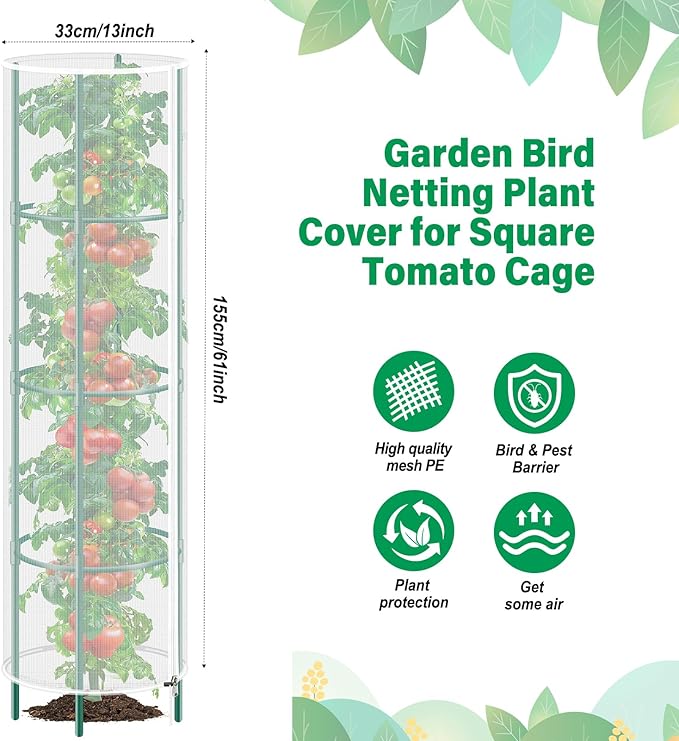 3 Pack Garden Bird Netting Plant Cover for Round Tomato Cage, 61"x13" Insect Bird Barrier Tomato Cage Net with Zipper & Drawstring, Tomato Trellis Netting Protection Cover for Protecting Plants