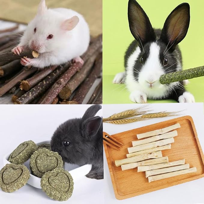 Rabbit Chews Toys Cleans The Mouth, Guinea Pig Chew Toys Protect Teeth, Apple Sticks Timothy Grass Sticks Bamboo for Rabbits Helps Digestion Chinchilla Treats