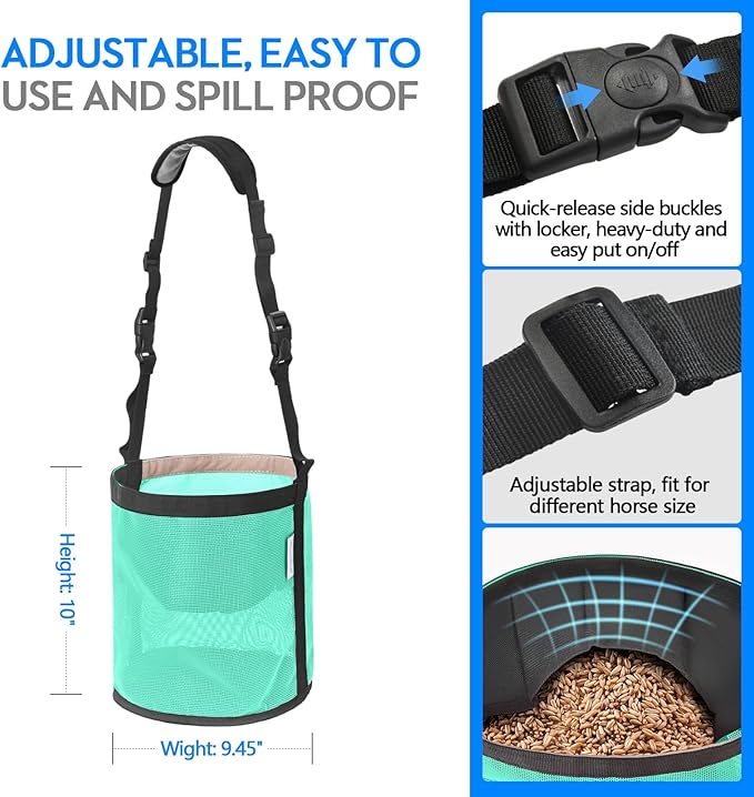 Horse Feed Bag Pack of 2, Feed Bags for Horses with Ventilation Mesh, Comfort Nose Pad Neck Pad, Adjustable Strap, Spill Proof Design for Independent Feeding Grain, Supplements (Mint)
