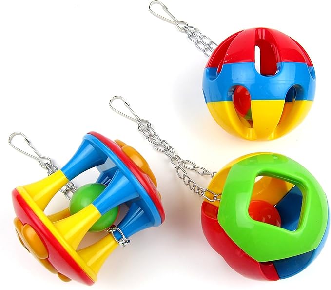 Hypeety Parrot Colorful Ball Toys with Bell Cage Hanging Chewing String for Parakeet Conure Cockatiel Small Medium Birds (A)