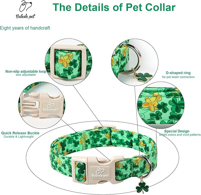 St. Patrick's Day Dog Collar for Small Dogs - Green Shamrock & Yellow Flower Print Dog Collars, Cute Irish Party Puppy Collar, Lightweight Adjustable St. Patricks Day Pet Collars XS