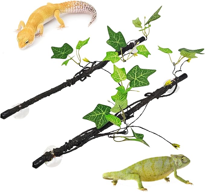 PINVNBY Reptile Corner Branch,2 PCS Flexible Jungle Climbing Vine with Suction Cup Terrarium Plant Decoration for Amphibian Dragons, Snake,Frogs, Chameleons（Green）
