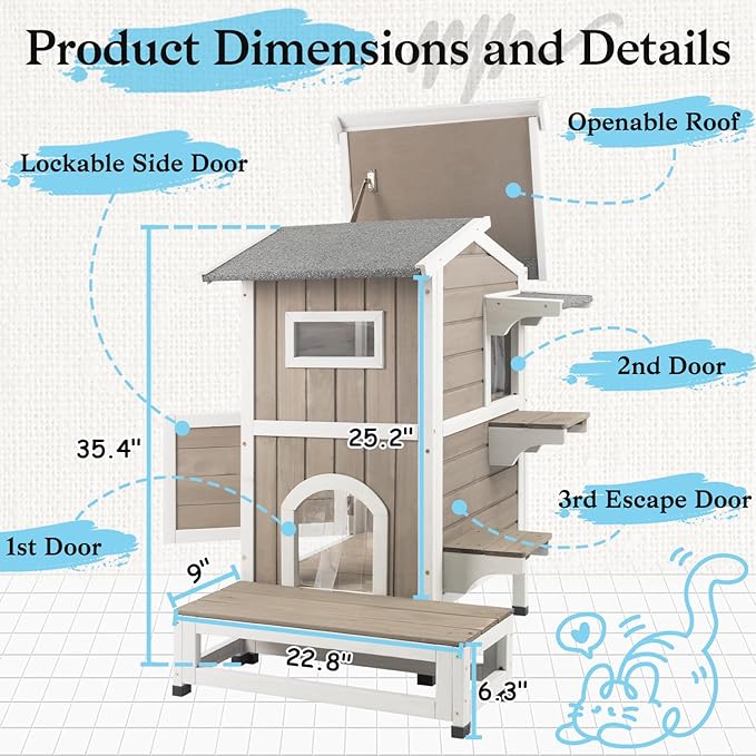PetsCosset Outdoor Cat House Feral Cats Shelter Weatherproof with Balcony, 2-Story Wooden Outside Pet C at House with Openable Roof, 4 Door, 2 Platforms
