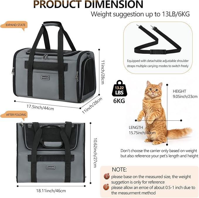 Cat Travel Carrier .Foldable Dog Carrier Bag, Soft Sided cat Carrier up to 20 Lbs,Pet Carrier Soft-Sided Escape Proof with 4 Ventilated Windows, Airline Approved Cat Carrier (Grey)