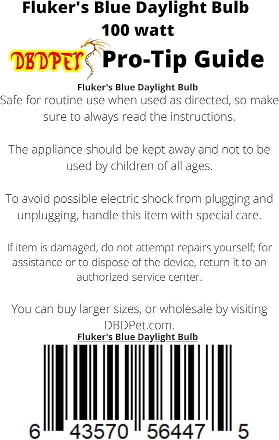 DBDPet Fluker's Reptile Incandescent Daylight Bulb for Pet Habitat Blue 100W - Includes Attached Pro-Tip Guide