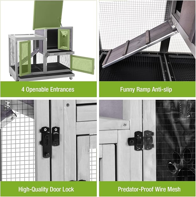 GUTINNEEN 2-Story Rabbit Hutch Bunny Cage with Chew-Proof Ramp & Pull-Out Trays - Indoor/Outdoor 40.6" Wooden Rabbit Cage on Wheels for Rabbits, Guinea Pigs