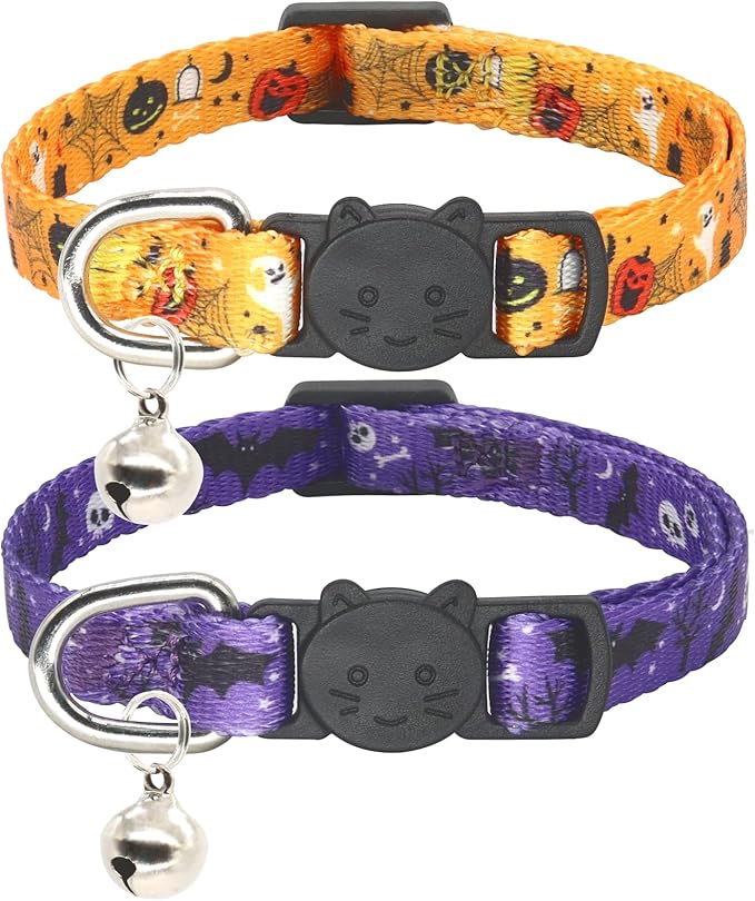 Halloween Cat Collar, 2 Pack, Breakaway Cute Cat Collar with Bells, Halloween Purple