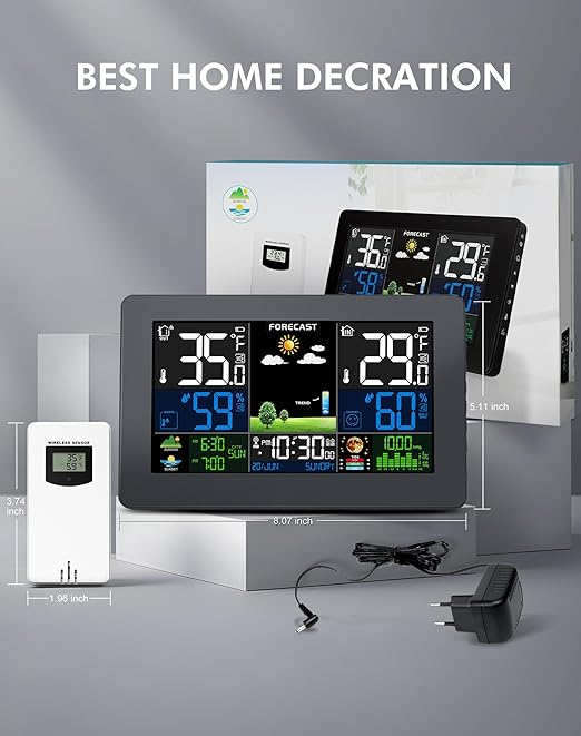 Weather Station Wireless Indoor Outdoor, Digital Thermometer with Remote Sensor, Black