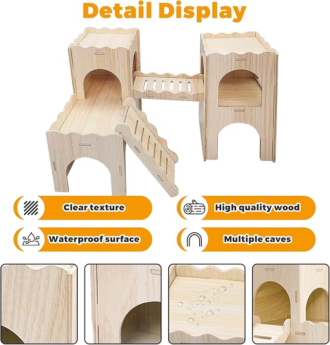 Wooden Dwarf Hamster House, Hamster Tiny House Hideout, Hamster Maze House, Large Balcony Lookout Holes, Easy to Assemble, Detachable Parts, Secure Hideaway, A