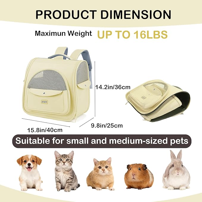 Cat Carrier Backpack,Large Space Animal Carrier Backpacks for Small Dogs Kitten and Medium Cats, Comfort & Safety,Design Reduces Pressure for Travel Outdoor and Vet Visits (Yellow)