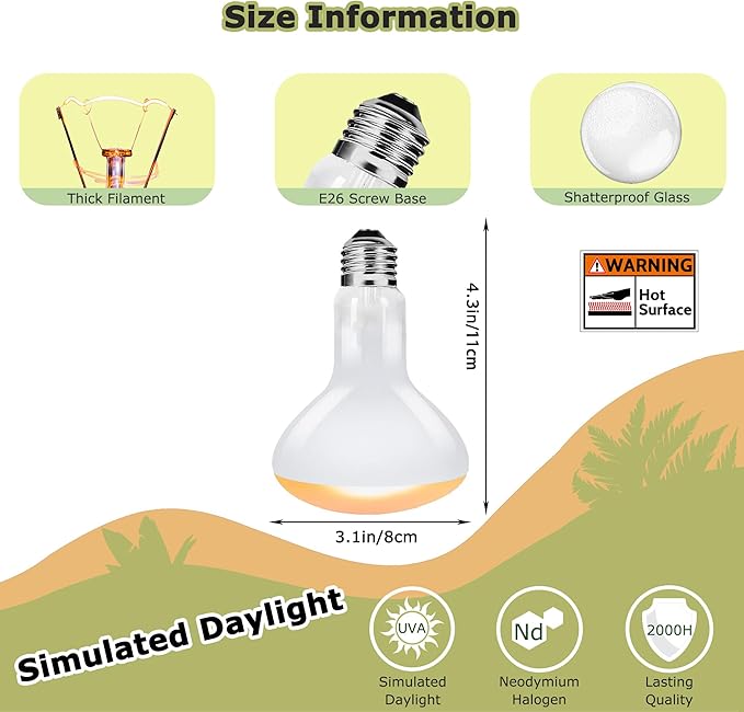60W Reptile Heat Lamp Bulbs, 2.5 Inch UVA Basking Spot Light for Bearded Dragon, Lizard, Tortoise, Chicks & Amphibians – Simulated Natural Sunlight, Daylight Bulb for Terrarium E26 | 2 Pack