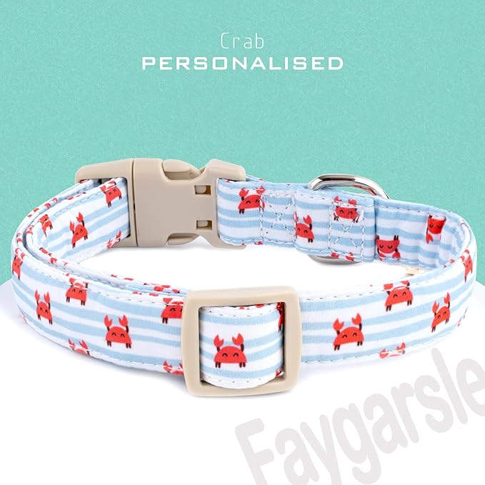 Faygarsle Cute Crab Pattern Dog Collar, Cotton Fabric, Light Blue Stripes, for Small Medium Large Dogs M