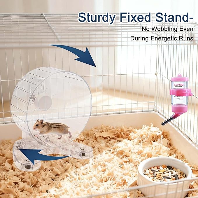 6.5" Super Silent Hamster Wheel with Stand & Water Bottle – Ultra Quiet Exercise Running Wheel for Gerbils, Syrian & Dwarf Hamsters, Chinchillas, Small Pets – Noiseless Spinning Design, Clear