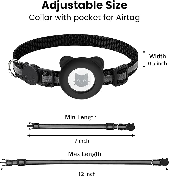 Cat Collar with AirTag Holders, 3-Pack, Reflective Breakaway Safety Collars, Bells and Matching Charms, Adjustable, Paw Hearts, Moon Stars Design, Lucky Charm, Black