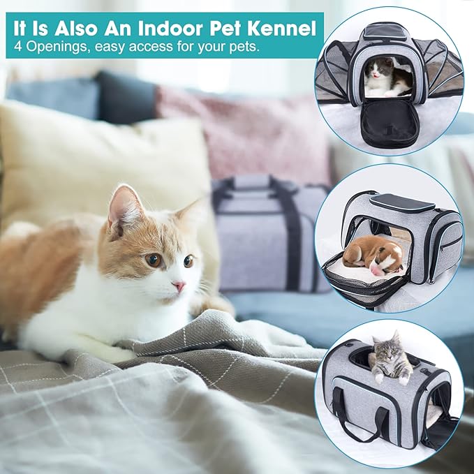 Siivton Airline Approved Pet Carrier, 4-Way Expandable Cat Dog Carrier for Under-Seat Travel, Soft-Sided Portable Pet Bag with Removable Fleece Pad, Fits Small Pets Up to 15 lbs (18"x 11"x 11")