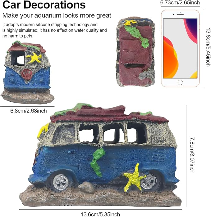 Aquarium Decorations for Fish Tank - Realistic Resin Rock Cave Hideouts, Safe Fish Tank Ornaments with Natural Design for Betta, Goldfish, Shrimp - Easy to Clean (School Bus)