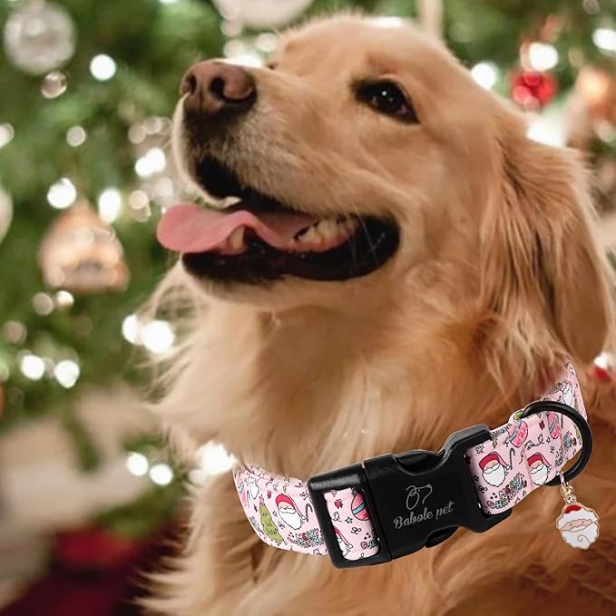 Christmas Dog Collar for Medium Dogs - Cute Santa Print Pink Christmas Collars for Dogs, Soft Adjustable Winter Holiday Dog Collars with Quick Release Buckle M