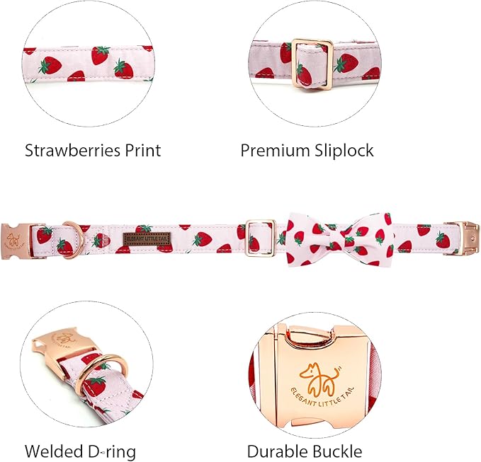 Elegant little tail Dog Collar, Strawberries Print Pet Collar Summer Dog Collar Durable Metal Buckle Dog Collars Cotton Pet Adjustable Dog Collars for Medium Dogs