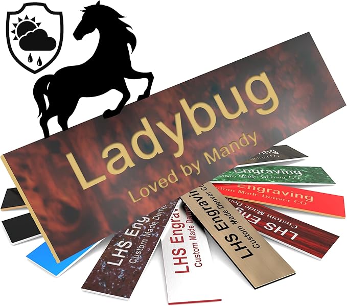 Horse Stall Name Plate, 2x8 Personalized Stall Signs, UV Protected, All Weather Adhesive, Hanging, Mounting or Other, Burlwood Plastic Gold Letters - Made in USA - N2