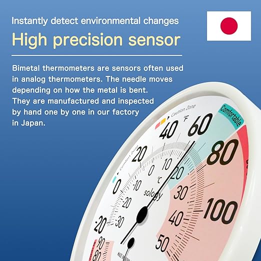 sology Analog Thermo-Hygrometer, Thermometer, Hygrometer, Large, Made in Japan, High Accuracy, No Batteries Required, Indoor, Easy to See, Analog, Comfort Zone, Caution Zone, Wall Hanging, White