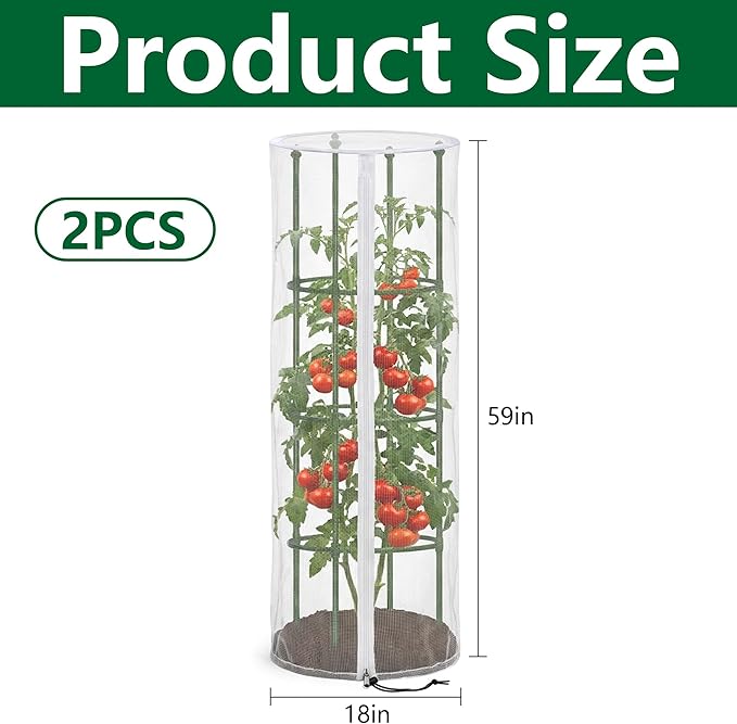 2 Pcs Garden Bird Netting for Round Plant Cage, 59" x 18" Tomato Cage Garden Net Cover with Zipper, Tomato Trellis Insect Bird Barrier Protection Mesh for Vertical Climbing Plants Vegetables Fruits