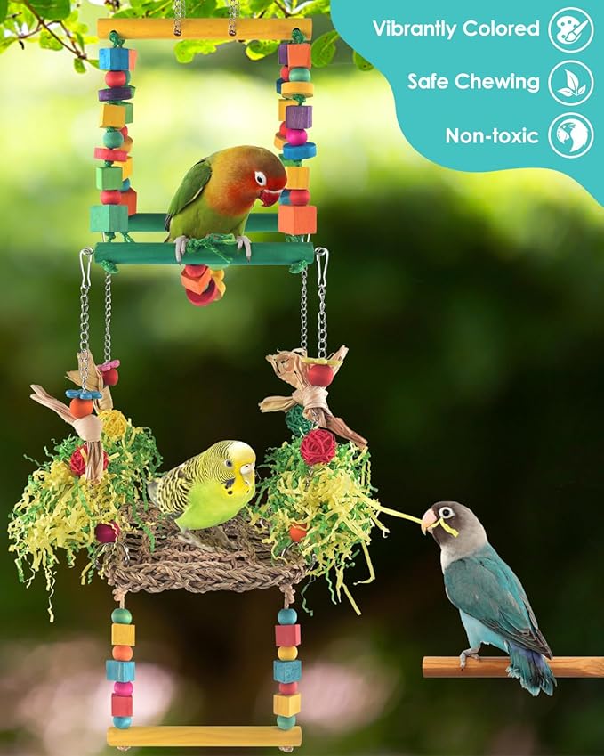Bird Hammock Toys Parakeet Perches Swing, 3in1 Detachable Parrot Cage Accessories, Wooden Hanging Chew Toys for Medium Conure Cockatiel Quaker Lory