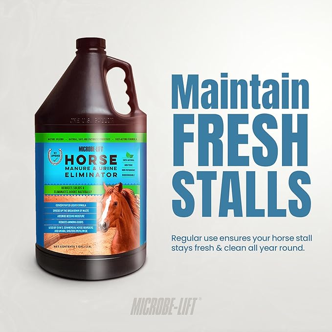 Microbe-Lift Horse Manure & Urine Eliminator – 1 Gallon – Concentrated Formula for Waste & Bedding – Safe for Horses, Feed & Water Areas – Freshens Stalls, Barns & Bedding