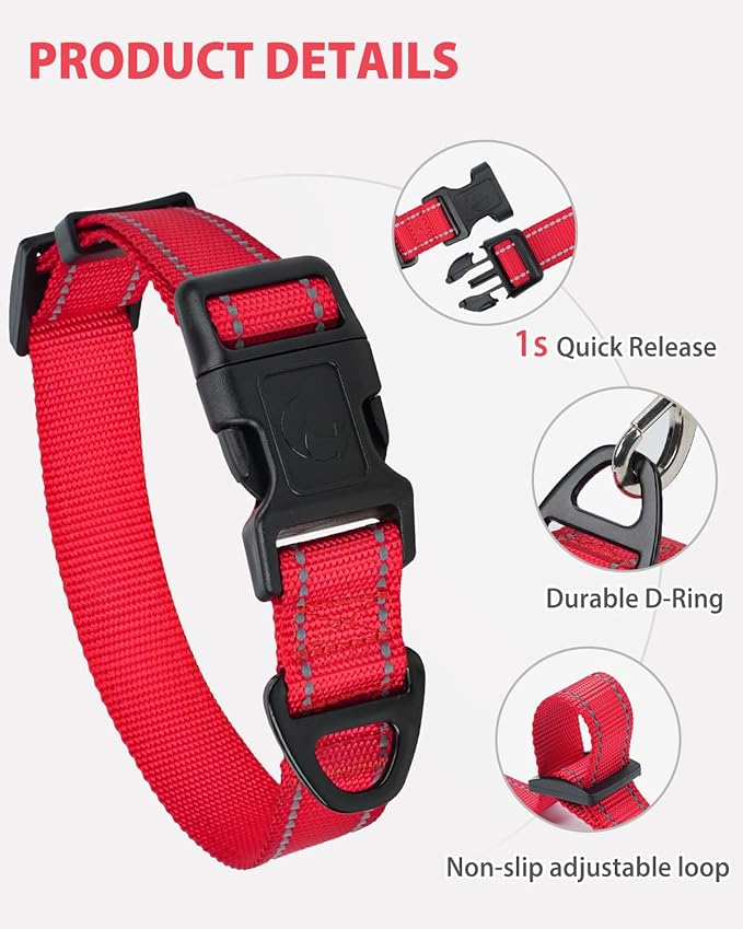 Joytale Large Dog Collar, Reflective and Adjustable Nylon Pet Collar with Quick-Release Buckle for Large Dogs, Red, L
