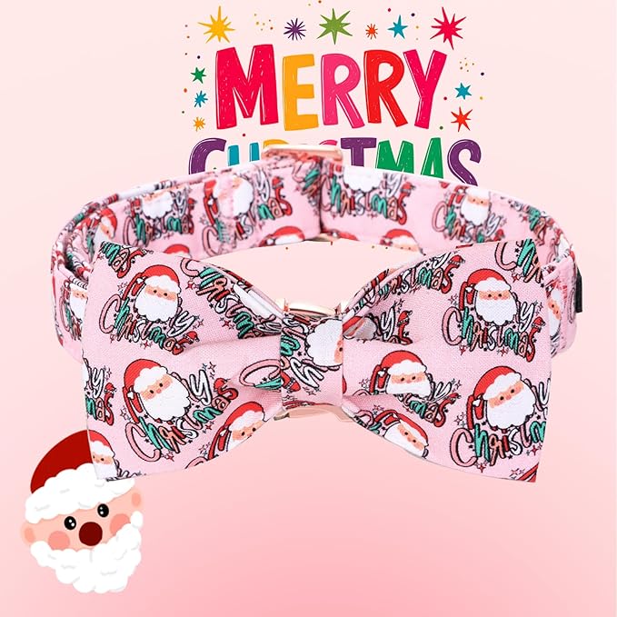 Christmas Dog Collar, Pink Christmas Santa Claus Dog Collar Bow Tie Pet Collars with Bow Adjustable Pet Collars with Premium Metal Buckle Dogs Necklace for Small Girl Dogs