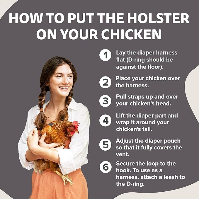 Hen Holster Bird Diaper, Wrap Around - for Hens, Roosters, Ducks, Leak-Proof Design, Comfortable Fleece Strap Bird Harness with Sewn-in Liner, Secure Hook and Loop Closure - Large, Gray