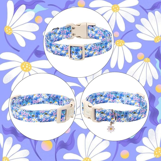 Floral Dog Collar for Medium Dogs - Cute Spring Dog Collars, Soft Lightweight Bee & Daisy Puppy Collar, Breathable Adjustable Male Female Blue Wildflowers Dogs Collars M