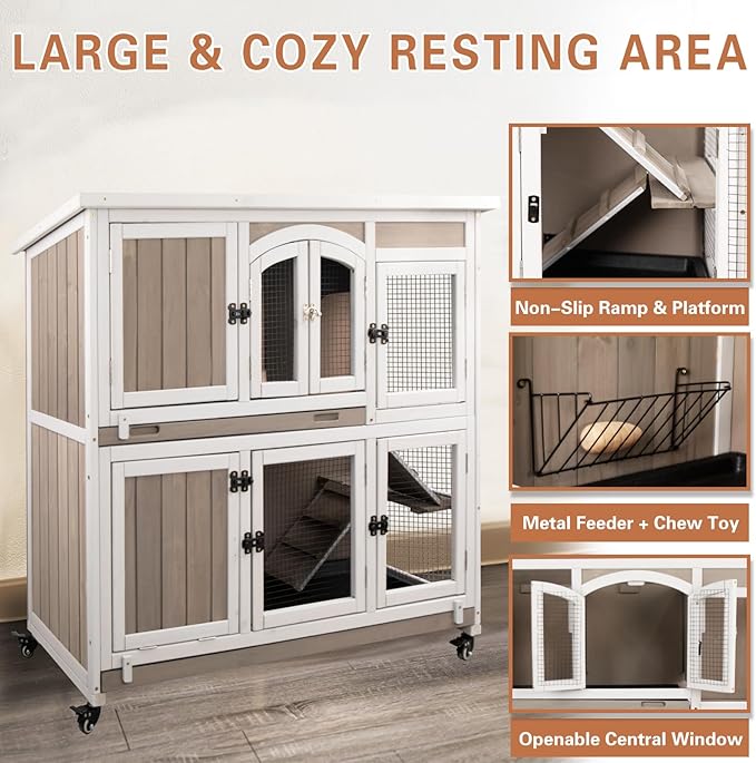 47"L Rabbit Hutch Indoor Wooden 2 Story Rabbit Large Bunny Hutch Outdoor Bunny Cage on 4 Metal Wheels and 2 Deeper Pull Out Trays, Ramp,Guinea Pig Pet House for Small to Medium Animals,Grey