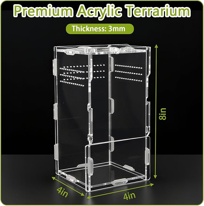 4x4x8 Inch Acrylic Reptile Terrarium，Front Opening Tarantula Enclosure with Swivel Lock & Magnetic Feeding Door，Small Spider Cage for Jumping Spider、Scorpion、Isopods、Snails