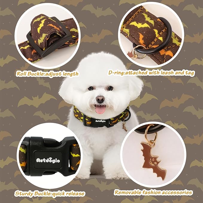 Fall Dog Collar, Halloween Dog Collars for Extra Small Dogs, Cotton Puppy Collar with Bat Pattern, Pet Collar for Small Medium Large Dogs, Girl Boy Dogs Collar with Quick Release Buckle-XS